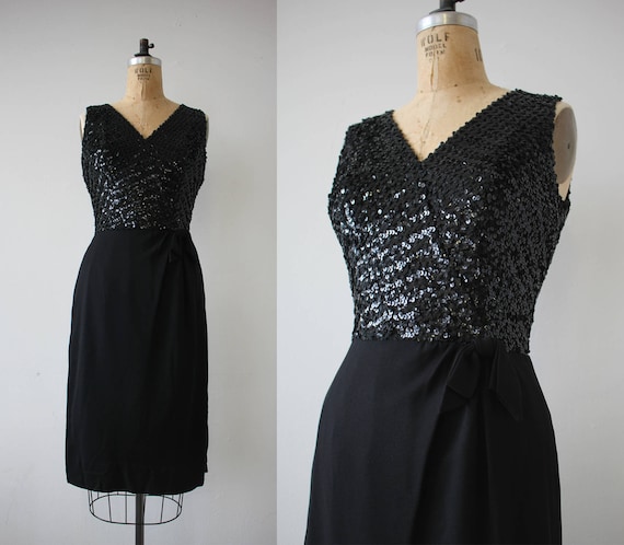 1960s vintage dress / 60s black sequin party dress
