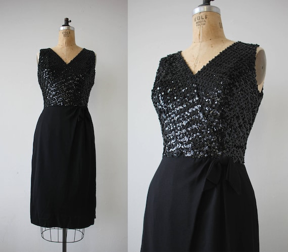 1960s vintage dress / 60s black sequin party dres… - image 1