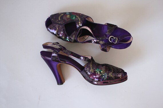 vintage 1940s platform heels / 40s purple sequin … - image 2