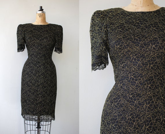 vintage 1980s dress / 80s black gold lace dress /… - image 1