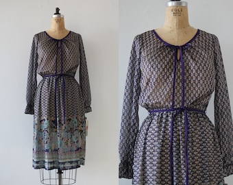 vintage 1970s dress / 70s purple boho dress / 70s polyester dress / 70s nos nwt dress / 70s floral border print dress / small medium
