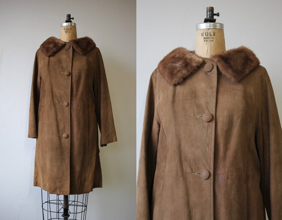 vintage 60s coat / 60s brown suede and mink collar
