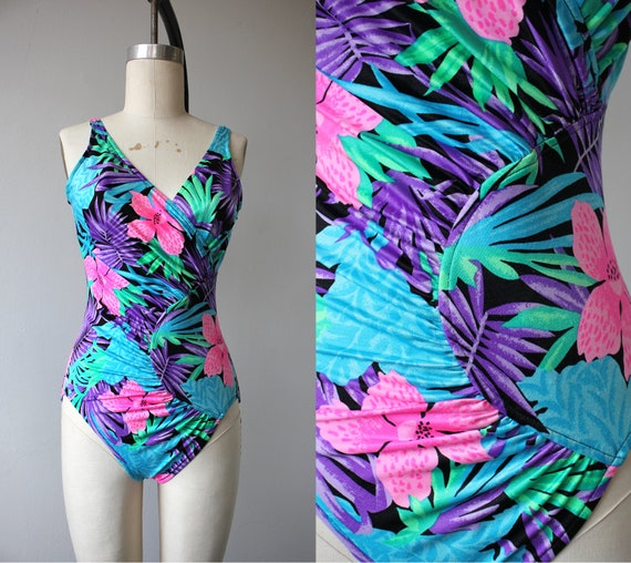 Vintage 1980s Bathing Suit / 80s Bright Neon Floral Swimsuit / 80s