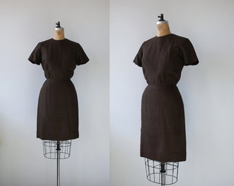 vintage 1960s dress / 60s brown silk dress / 1960s brown sheath dress / size m med medium