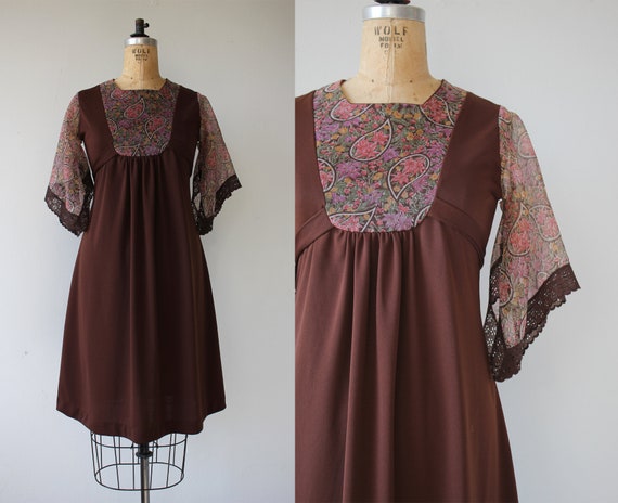 vintage 1970s dress / 70s brown dress / 70s empire