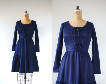 vintage 1960s dress / 60s navy blue dress / 60s bow dress / 60s ruffle hem dress / 60s poly dress / 60s prairie dress / small medium s m med