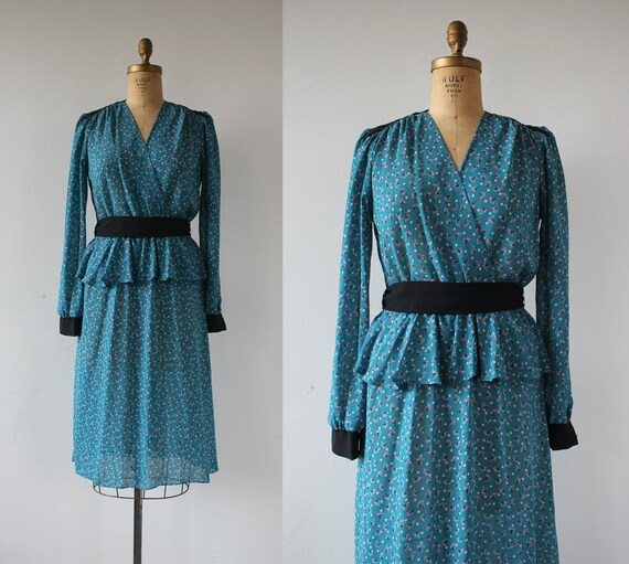 vintage 1980s teal blue dress / 80s floral secreta