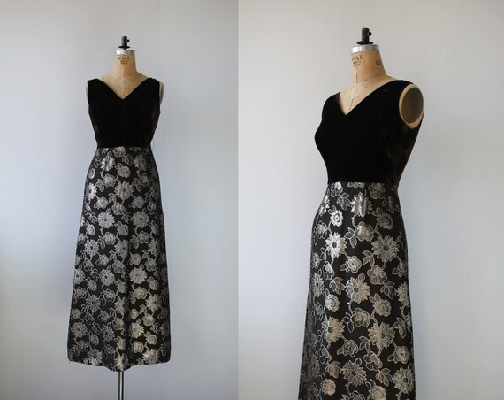 1960s vintage maxi dress / brown and gold velvet … - image 1