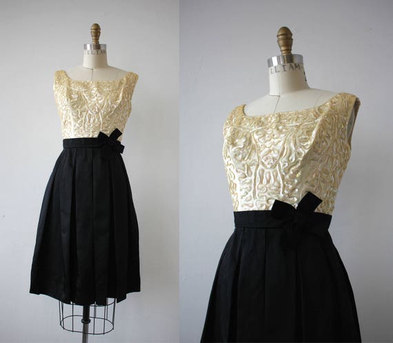 vintage 1950s dress / 50s black cream sequin part… - image 1