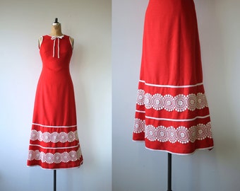 1960s vintage dress / 60s maxi dress / 60s red sun dress / lace trim boho dress / 60s red maxi dress / sleeveless dress / size xs small