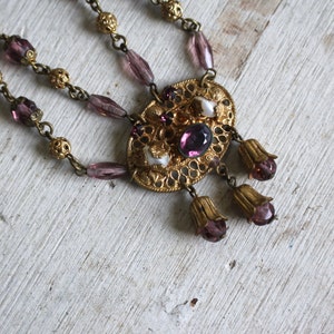 vintage 1930s brass and glass bead necklace / 30s art deco necklace / 30s plum glass beaded necklace / amethyst glass bead brass bells image 2