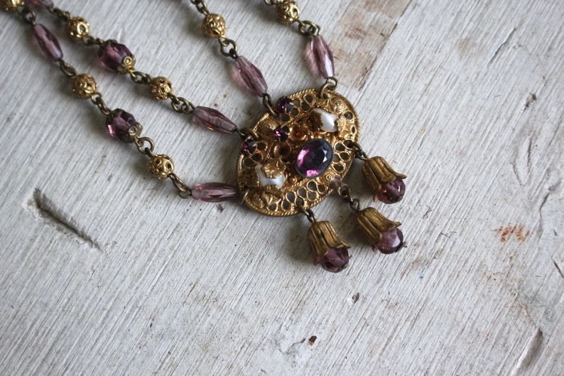 vintage 1930s brass and glass bead necklace / 30s art deco necklace / 30s plum glass beaded necklace / amethyst glass bead brass bells image 2