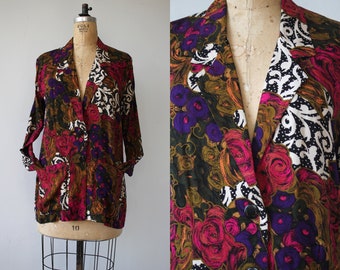 vintage 1990s blazer / 90s rayon jacket / 90s print mixing blazer / 90s floral patchwork jacket / 90s rayon blazer / medium large