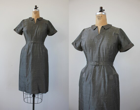 vintage 1950s dress / 50s grey dress / 50s silk dr