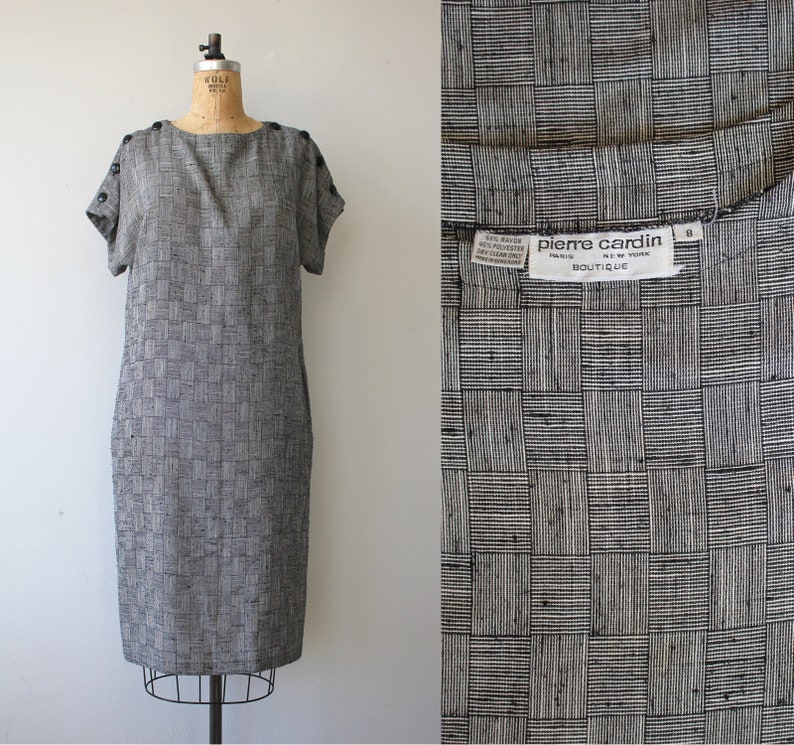 vintage 1980s dress / 80s Pierre Cardin dress / 1980s designer dress / basket weave dress / 80s working girl dress / shift dress / medium image 1