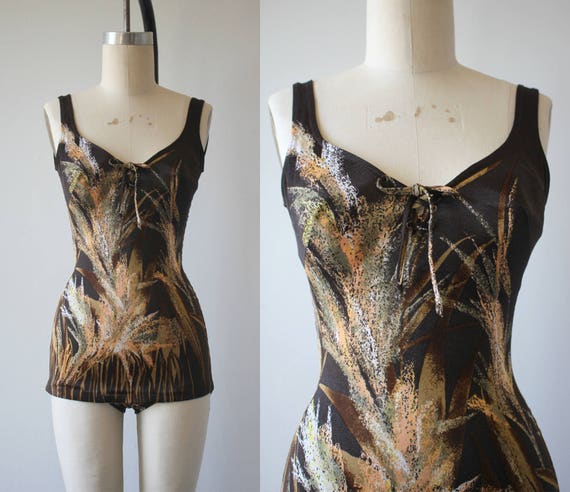 vintage 1960s bathing suit / 60s brown floral one