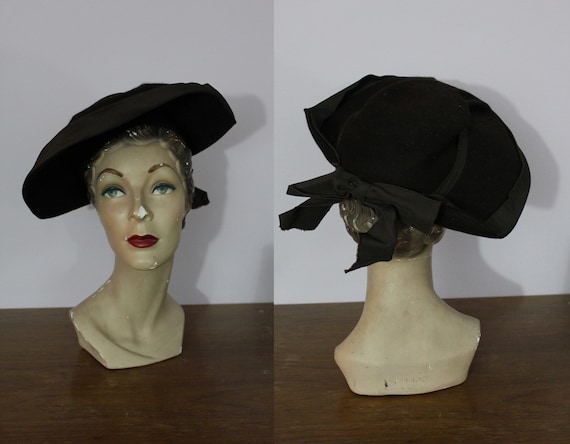 vintage 40s hat / 1940s Brown Wide Brim Hat / 40s… - image 1