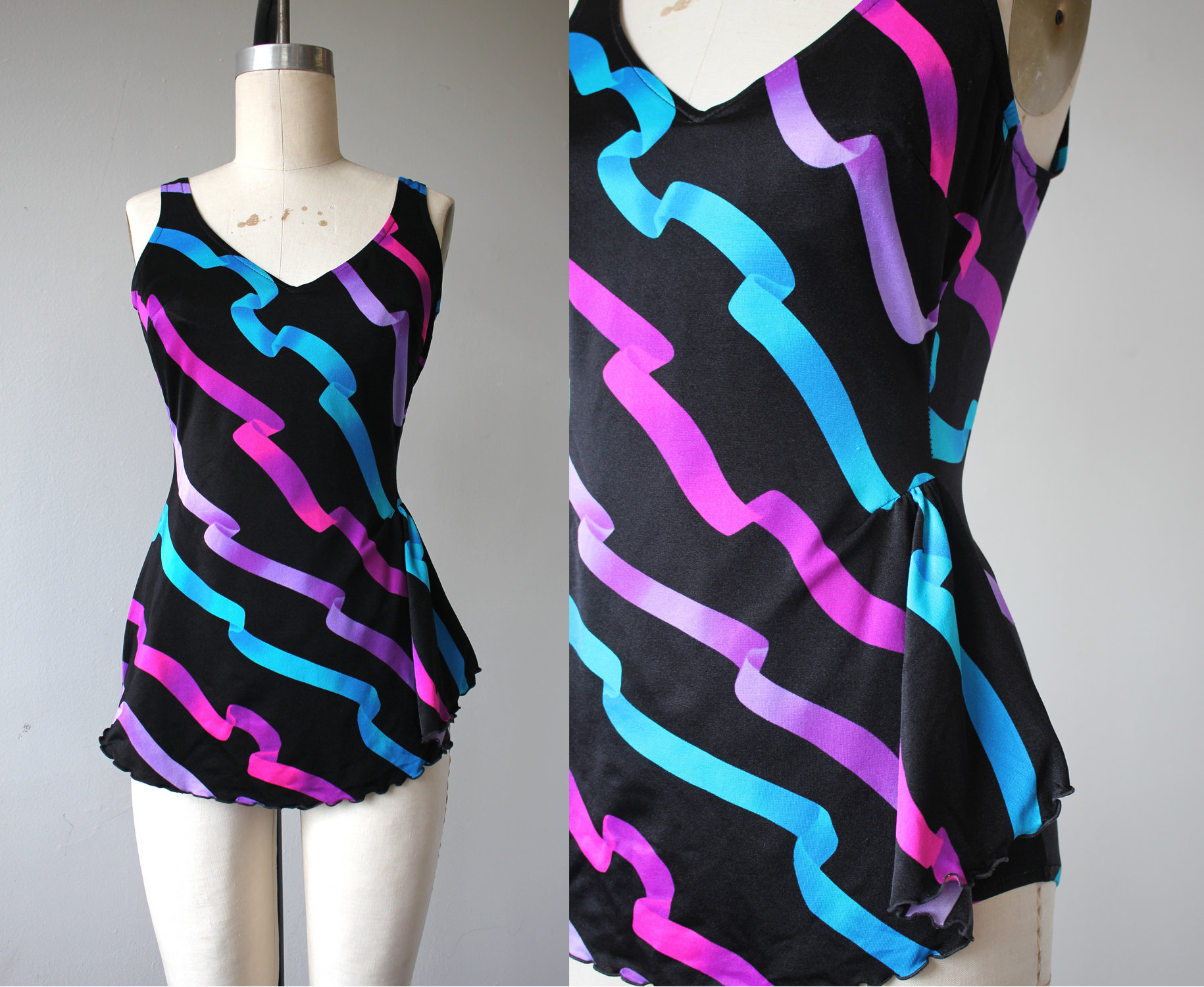 Vintage 1980s bathing suit / 80s bright neon ribbons swimsuit Etsy