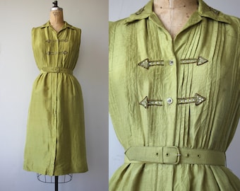 vintage 1950s dress / 50s chartreuse green raw silk dress / rhinestone beaded dress / garden party dress / carlye dress / small med medium