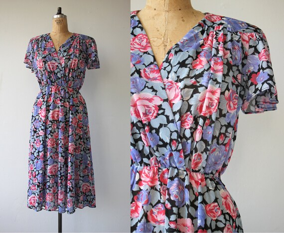 vintage 1980s dress / 80s floral dress / 80s rose