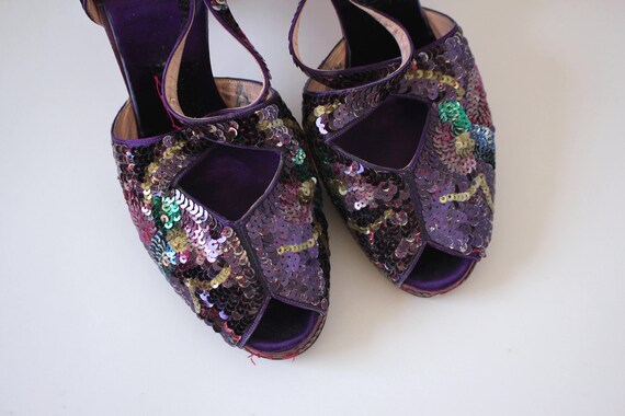 vintage 1940s platform heels / 40s purple sequin … - image 3