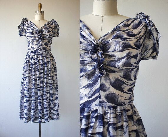 1940s vintage dress / 40s blue cotton dress / 40s
