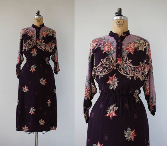vintage 1980s dress / 80s purple floral dress / 80
