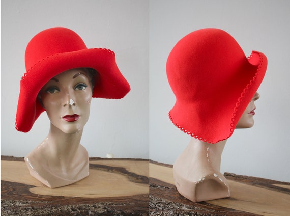 vintage 1960s hat / 60s bright red felt wool hat /