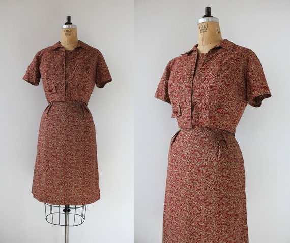 vintage 1950s dress set / 50s novelty print dress