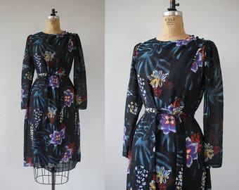 vintage 1970s dress / 70s 80s navy blue floral dress / 70s faux wrap dress / 70s sheer floral dress / long sleeve dress / medium
