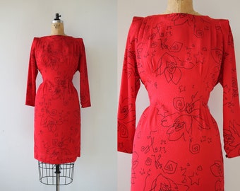 vintage 1980s dress / 80s secretary dress / 80s novelty print dress / 1980s silky polyester dress / 80s red black floral print dress / med