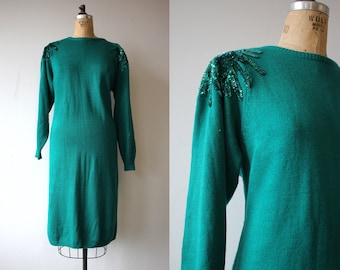 vintage 1980s dress / 80s sweater dress / green knit dress sequin shoulders / 80s knit dress / 80s sequin party dress / large XL