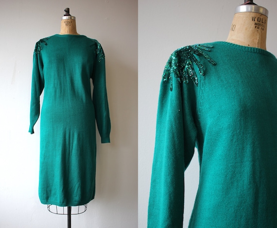 vintage 1980s dress / 80s sweater dress / green kn