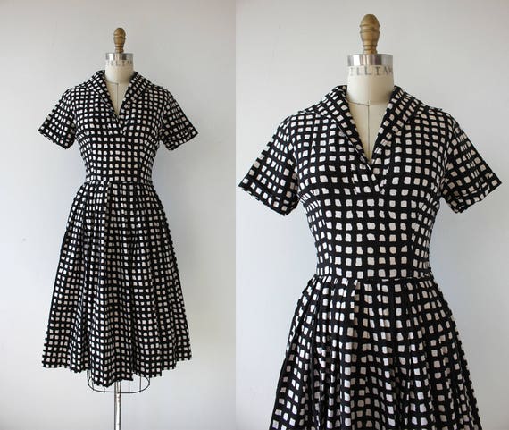 1950s vintage dress / 50s windowpane check dress /