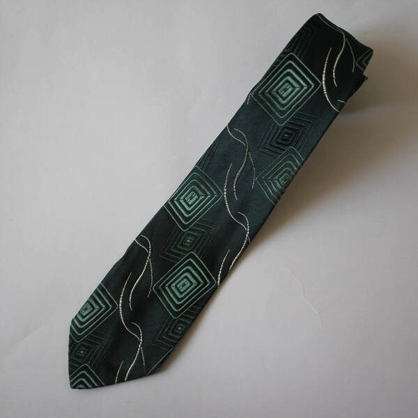 vintage 1930s mens tie / 30s silk necktie / 1930s geometric print tie / 30s necktie / 1930s deco tie / 1930s thin tie / deep green tie