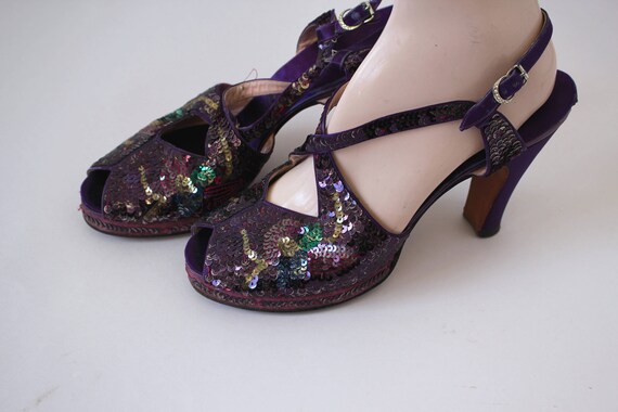 vintage 1940s platform heels / 40s purple sequin … - image 7