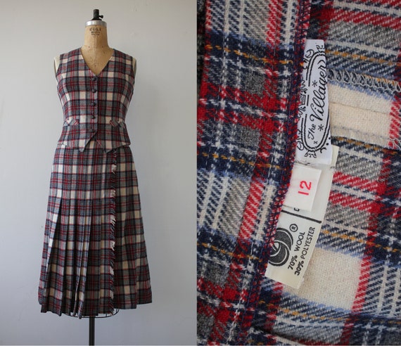 vintage 1970s vest and skirt set / 70s wool plaid