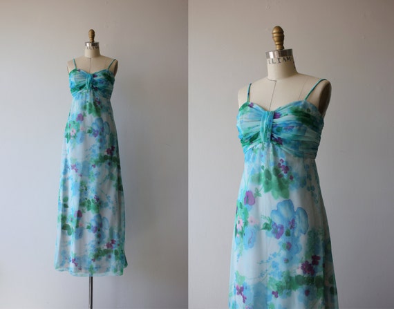 vintage 1970s maxi dress / 70s blue floral formal