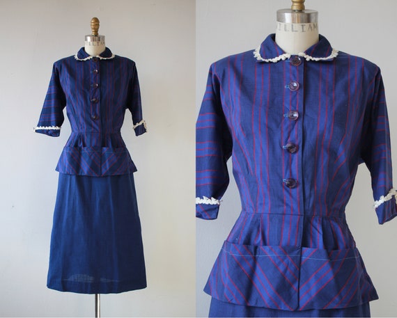 1940s vintage dress / 40s blue cotton dress / 40s