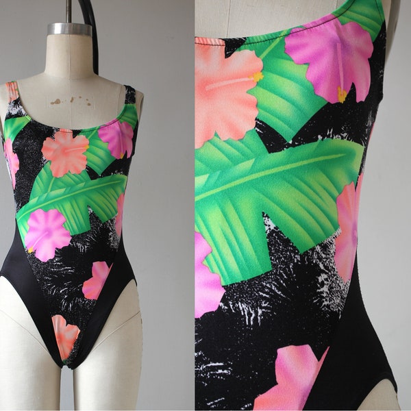 vintage 1980s swimsuit / 80s one piece bathing suit / 80s floral swim suit / 80s mock high cut suit / 80s black floral palm swimwear / s med
