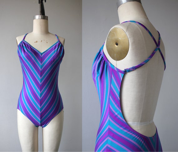 vintage 1970s bathing suit / 70s purple striped sw
