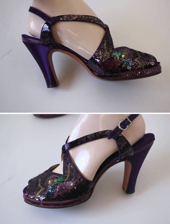 vintage 1940s platform heels / 40s purple sequin … - image 4