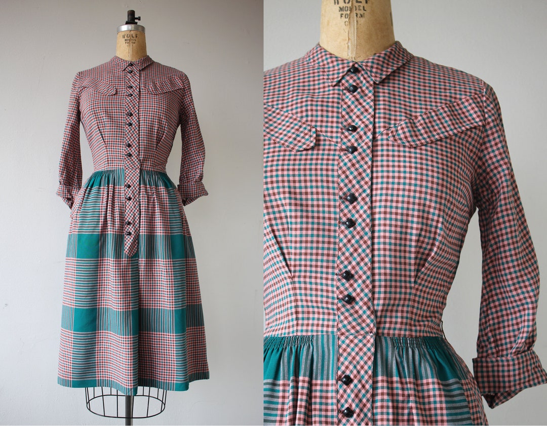 1940s Vintage Dress / 40s Plaid Cotton Dress / 40s Pink Green - Etsy