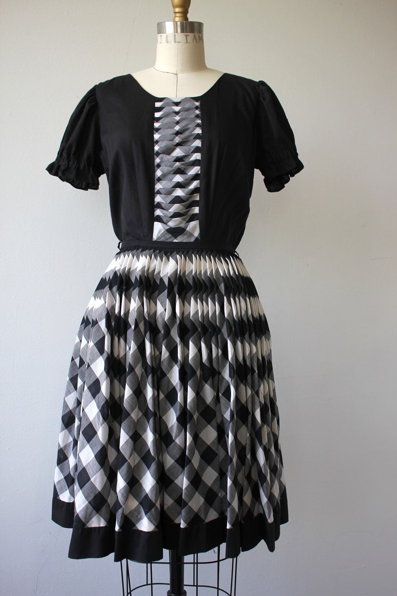 vintage 1960s dress / 60s square dance dress / 60s black white plaid print dress / 60s full skirt dress / buffalo check dress / xs small image 2