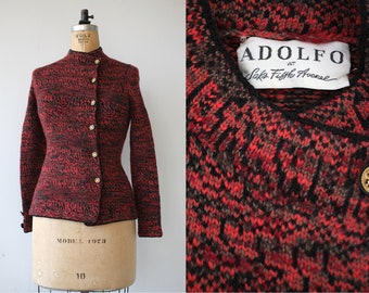 vintage 1970s cardigan / 70s adolfo knit sweater / 70s designer sweater / 1970s red space dye cardigan / 1970s saks 5th ave / small