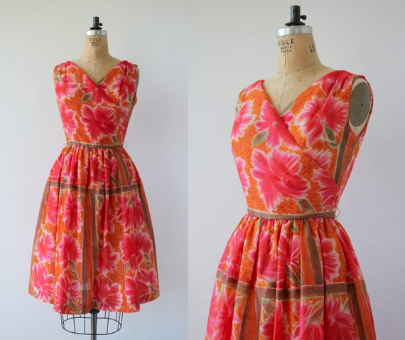 vintage 1950s dress / 50s pink floral dress / 50s