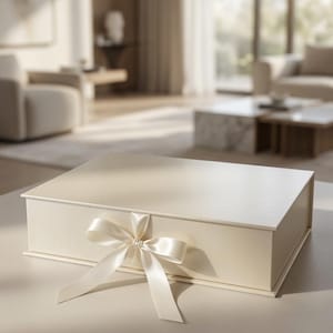 Pode incluir: Uma caixa de presente retangular na cor creme com um acabamento liso e fosco. A caixa apresenta uma fita de cetim na cor creme combinando, amarrada em um laço no centro do painel frontal. A tampa está fechada e tem um design estruturado.
