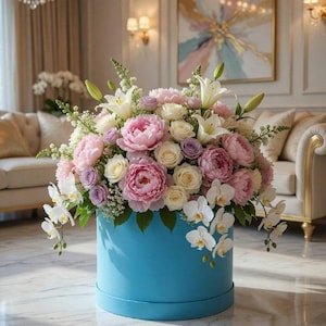 Peut inclure: Une grande boîte cadeau ronde bleu vif remplie d'un arrangement floral dense. Le bouquet se compose de pivoines roses, de lys blancs, de roses crème, de roses violet clair et d'orchidées blanches avec du feuillage vert inséré partout.