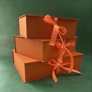 Può includere: Una pila di tre scatole regalo rettangolari arancioni di dimensioni variabili, ciascuna dotata di coperchio incernierato e di un nastro di raso arancione abbinato legato a fiocco sul davanti, disposte dalla più piccola alla più grande.