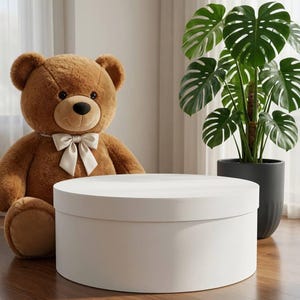 Pode incluir: Uma grande caixa de presente redonda e branca com tampa está posicionada à frente de um urso de pelúcia castanho com um laço cor de creme à volta do pescoço. O urso tem olhos escuros e nariz preto, e uma planta monstera verde é visível à direita.